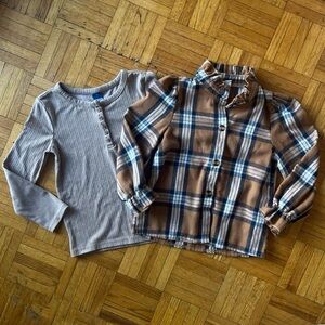 Girl’s Flannel Button-Down Shirt & Matching Ribbed Long-Sleeve Top